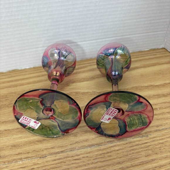 Pair Vintage Deco Art Designs Canada Handcrafted Multi Colour Glass Goblets - Picture 5 of 10